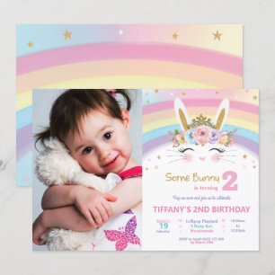 Cute Bunny 1:a födelsedag Girls Rainbow Rabbit Pho Inbjudningar