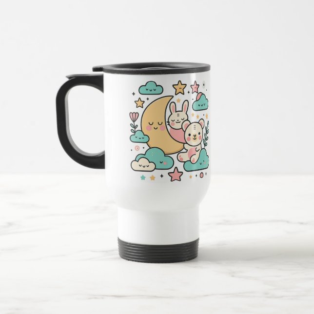 Cute Bunny and Bear Crescent Moon Travel Mug Resemugg (Vänster)
