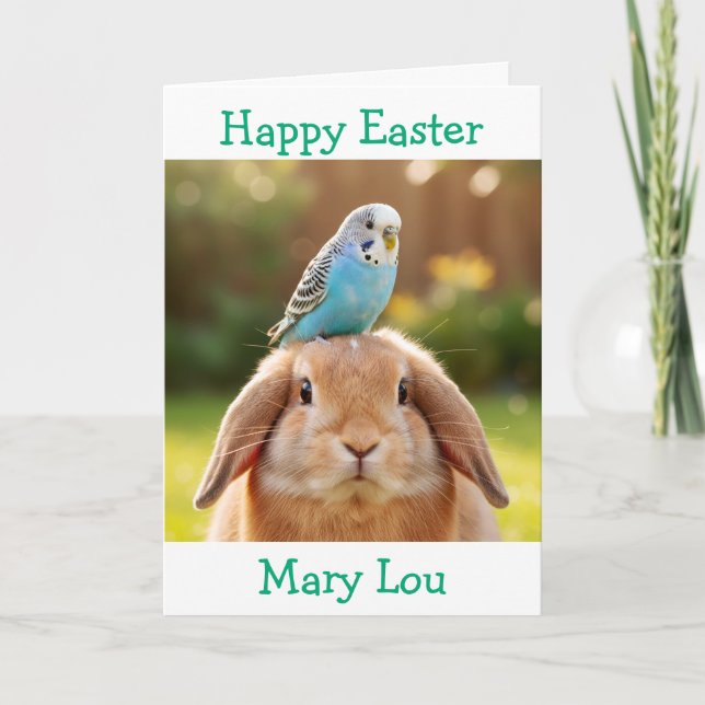 Cute Bunny and Blue Budge Personalized Easter Kort (Framsida)