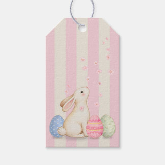 Cute Bunny and Eggs Pastel Stripe Easter Gift Tag Presentetikett