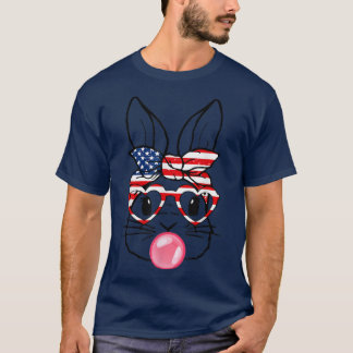 Cute Bunny Ansikte med Bubblegum Bun American Flag T Shirt