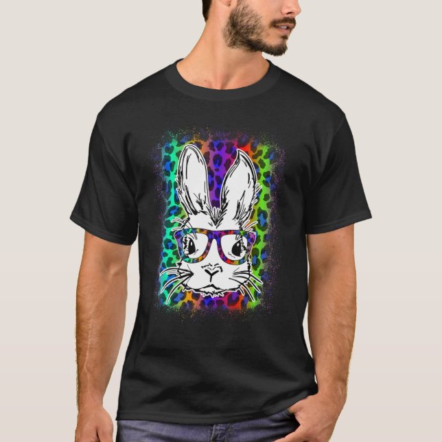 Cute Bunny Ansikte Rainbow Leopard Bleached Lyckli T Shirt (Framsida)
