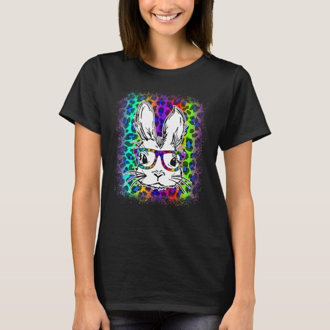 Cute Bunny Ansikte Rainbow Leopard Bleached Lyckli T Shirt (Framsida)