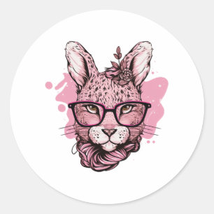 Cute Bunny Ansikte Rosa Glass Blommigt Leopard Pås Runt Klistermärke