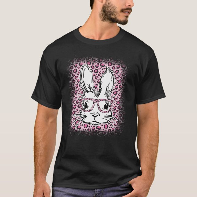 Cute Bunny Ansikte Rosa Leopard Bleached Glad påsk T Shirt (Framsida)