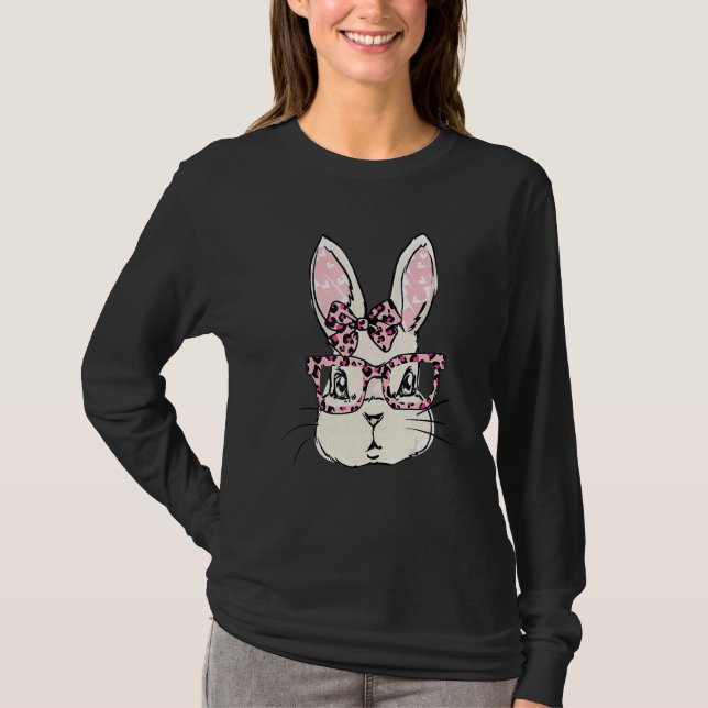 Cute Bunny Ansikte Rosa Leopard Glass Bow Tie East T Shirt (Framsida)