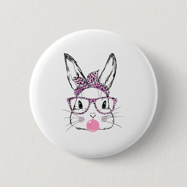 Cute Bunny Ansikte Rosa Leopard Glasses Bubblegum  Knapp (Framsida)
