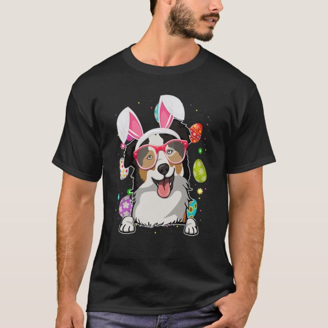Cute Bunny Australian Shepherd Dog Face Easter Egg T Shirt (Framsida)