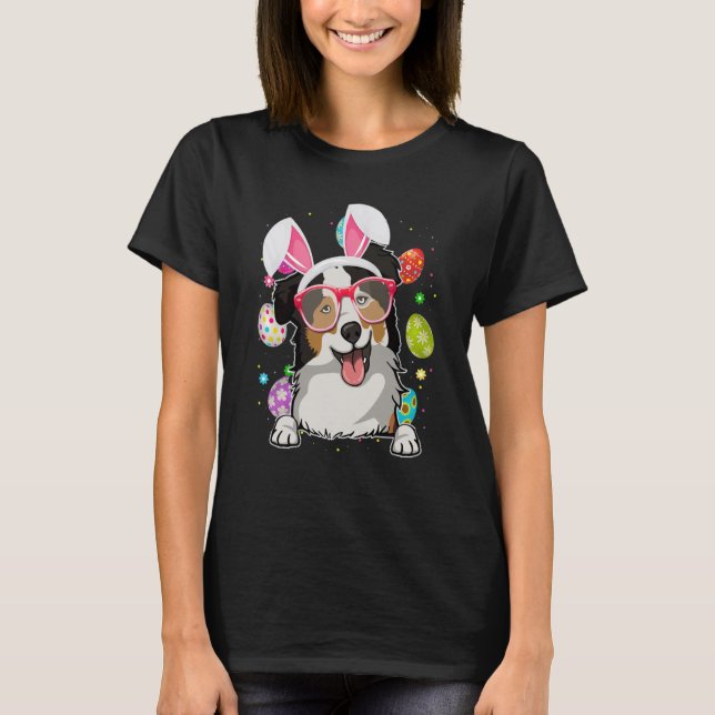 Cute Bunny Australian Shepherd Dog Face Easter Egg T Shirt (Framsida)