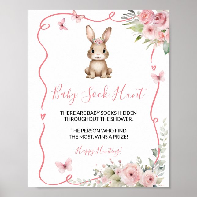 Cute Bunny Baby Shower Girl Baby Sock Hunt Poster (Framsidan)
