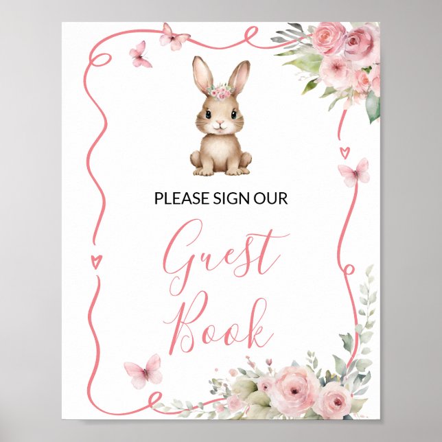 Cute Bunny Baby Shower Girl Guest Book Poster (Framsidan)