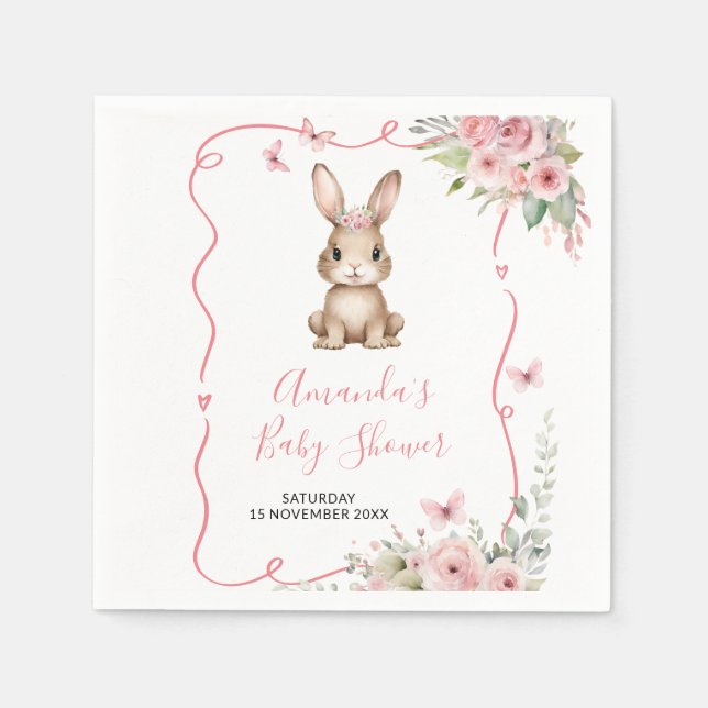 Cute Bunny Baby Shower Girl Pink Floral Paper Pappersservett (Framsidan)