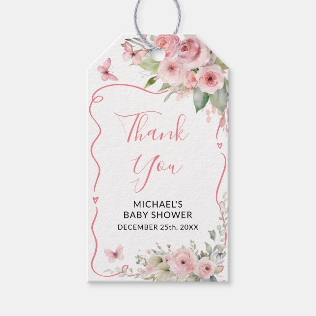 Cute Bunny Baby Shower Girl Pink Floral Presentetikett (Framsidan)