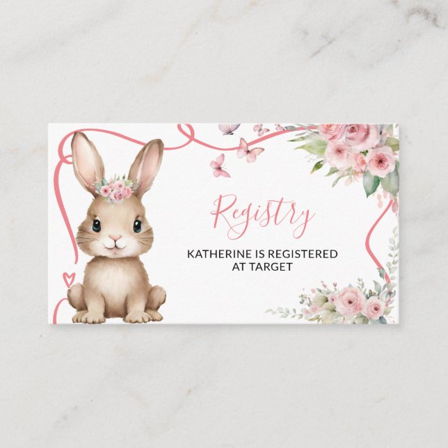 Cute Bunny Baby Shower Girl Pink Floral Registry Tilläggskort (Framsida)