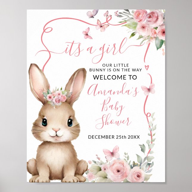 Cute Bunny Baby Shower Girl Pink Floral Welcome Poster (Framsidan)