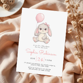 Cute Bunny Balloon Blush Pink Girls Baby Shower Inbjudningar