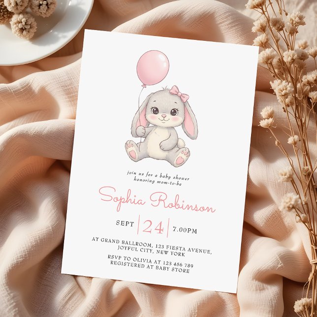 Cute Bunny Balloon Blush Pink Girls Baby Shower Inbjudningar (Skapare uppladdad)