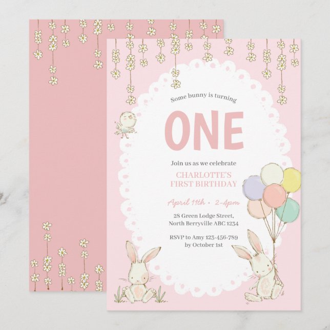 Cute Bunny Balloons födelsedagsinbjudan Inbjudningar (Fram/baksida)