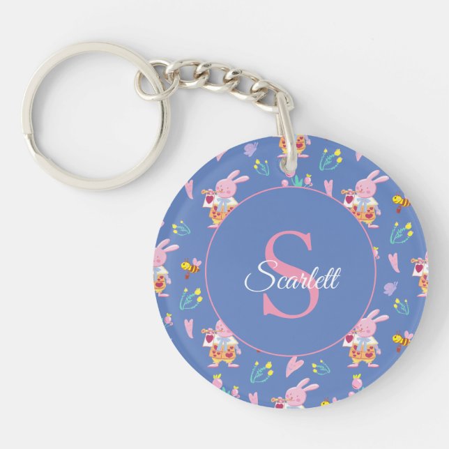 Cute bunny bee mönster Monogram Namn blue (Framsidan)