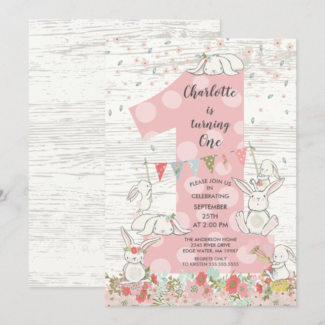 Cute Bunny Big One Girls Birthday-inbjudan Inbjudningar (Fram/baksida)