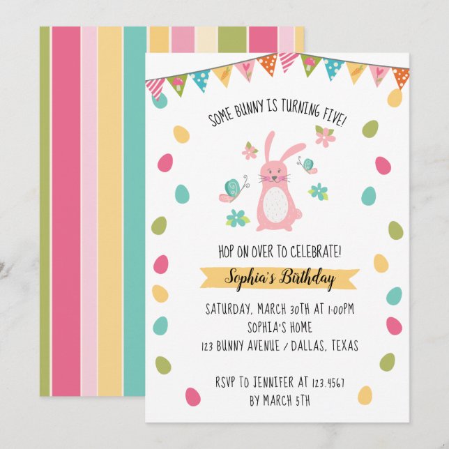 Cute Bunny Birthday Inbjudningar (Fram/baksida)