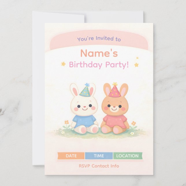 Cute Bunny Birthday Invitation | Pastel Kids Birth Inbjudningar (Framsida)