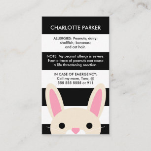 Cute Bunny Black Rand Kids Allergy Card