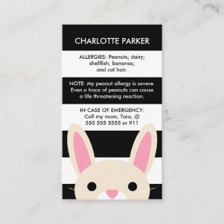 Cute Bunny Black Rand Kids Allergy Card