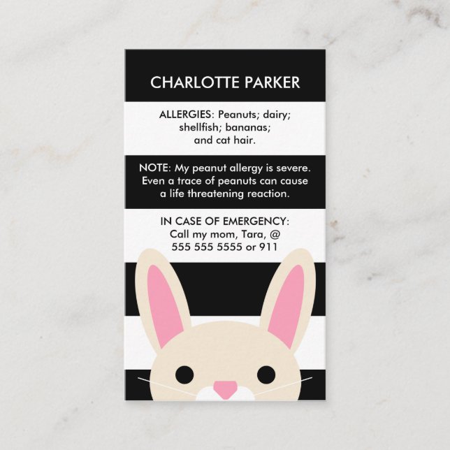Cute Bunny Black Rand Kids Allergy Card (Framsida)