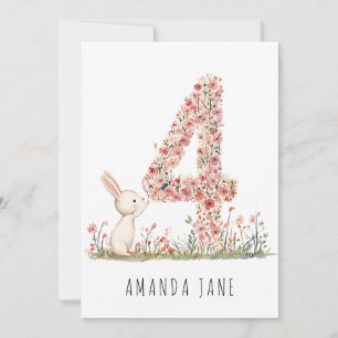 Cute Bunny Blommigt 4e födelsedagen Inbjudningar