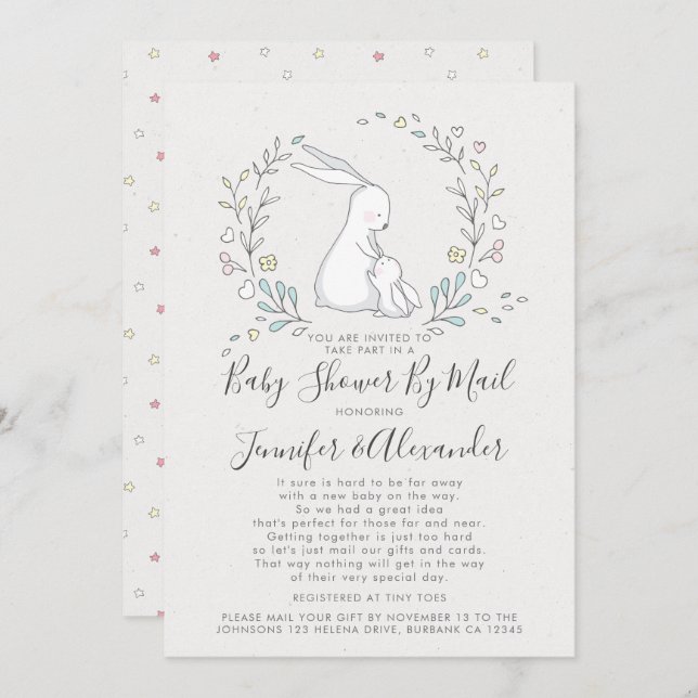 Cute Bunny-Blommigt, babyskor efter brev Inbjudningar (Fram/baksida)