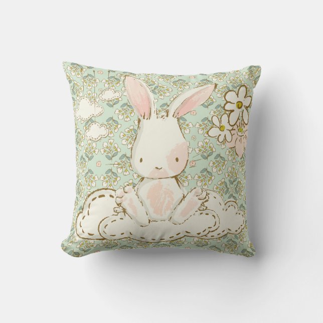 Cute Bunny Blommigt Grönt Boy Sweet Nursery Kudde (Framsida)