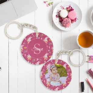 Cute Bunny Blommönster Monogram Photo Magenta