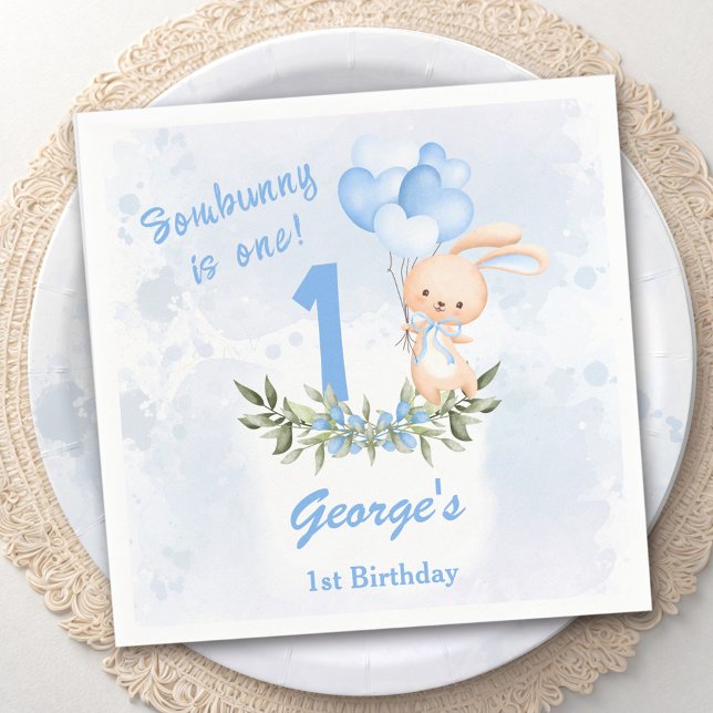 Cute Bunny Blue 1st Birthday Boy Greenery Vår Pappersservett (Cute Bunny Blue 1st Birthday Boy Greenery Spring Napkins)