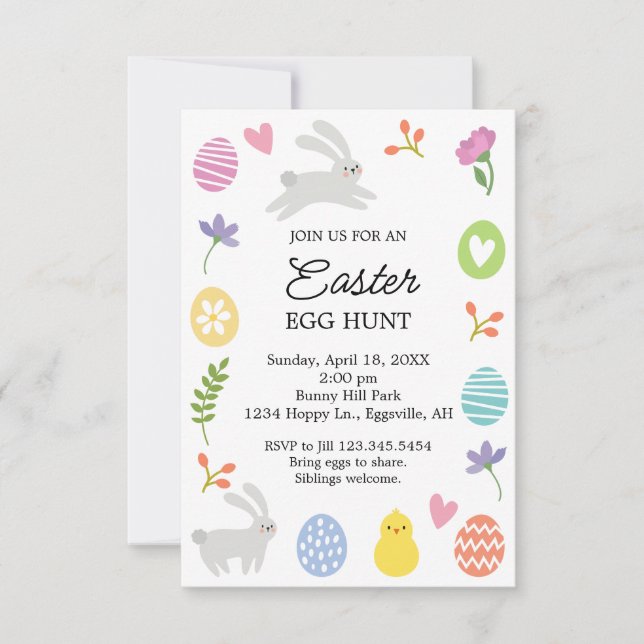 Cute Bunny Border Easter Invitation Egg Hunt Inbjudningar (Framsida)