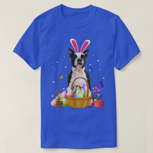 Cute Bunny Boston Terrier Dog Easter Eggs Basket E T Shirt (Design framsida)