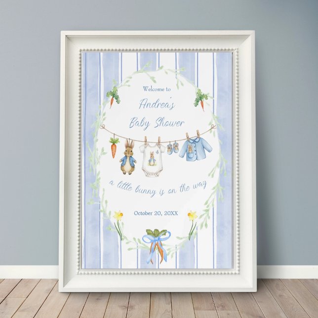 Cute Bunny Boy Clothesline Baby Shower Welcome Poster (Skapare uppladdad)