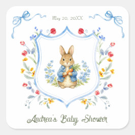 Cute Bunny Boy Floral Blue Bow Baby Shower  Fyrkantigt Klistermärke