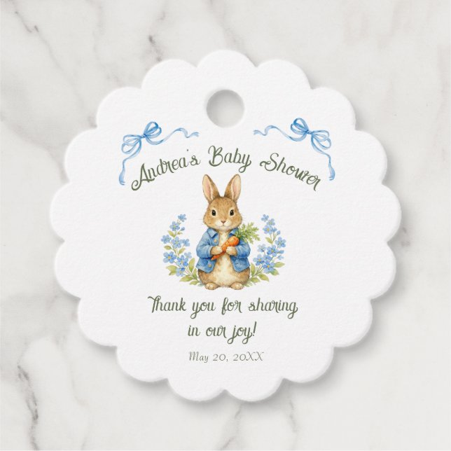 Cute Bunny Boy Floral Blue Bow Baby Shower  Gåvor Etiketter (Framsida)