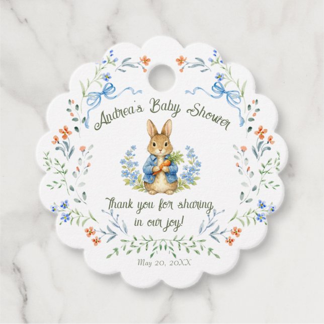 Cute Bunny Boy Floral Blue Bow Baby Shower  Gåvor Etiketter (Framsida)