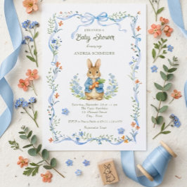 Cute Bunny Boy Floral Blue Bow Baby Shower Inbjudningar