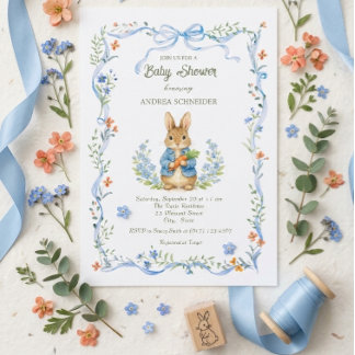 Cute Bunny Boy Floral Blue Bow Baby Shower Inbjudningar