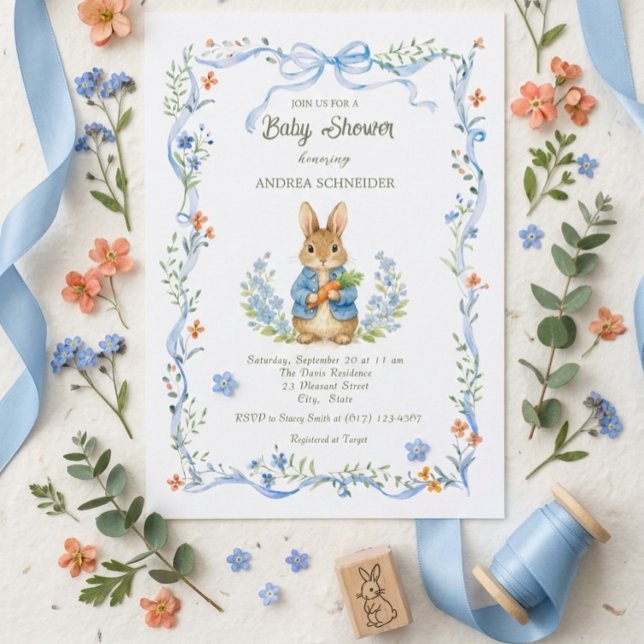 Cute Bunny Boy Floral Blue Bow Baby Shower Inbjudningar (Skapare uppladdad)