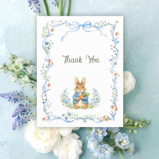 Cute Bunny Boy Floral Blue Bow Baby Shower Tack Kort