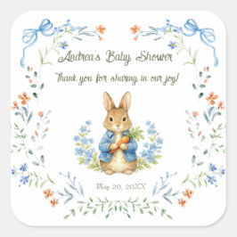 Cute Bunny Boy Floral Blue Bow Baby Shower Thanks Fyrkantigt Klistermärke