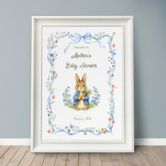 Cute Bunny Boy Floral Blue Bow Baby Shower Welcome Poster