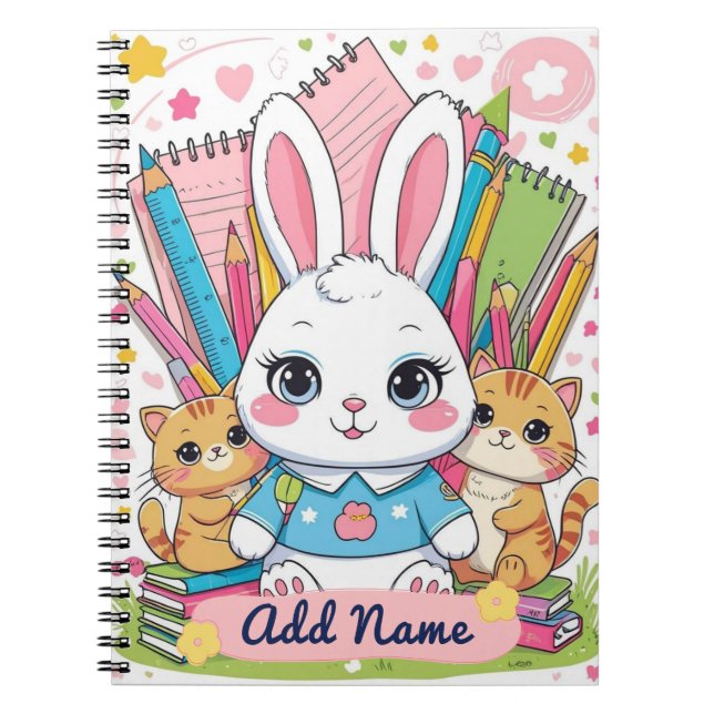 Cute Bunny & Cats bärbar dator - redigerbar Namn Anteckningsbok (Framsidan)