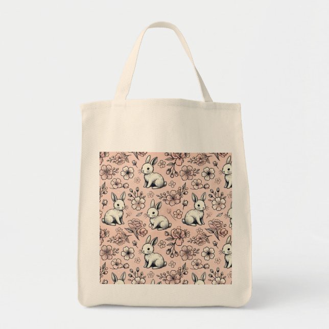 Cute Bunny & Cherry Blommar Tote Bag Tygkasse (Framsidan)
