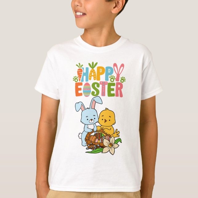 Cute Bunny & Chick "Glad påsk" Kids T-Shirt (Framsida)