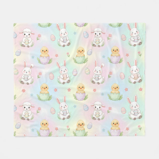 Cute Bunny Chick & Lamb Easter Pattern Fleecefilt (Framsidan (Horisontell))